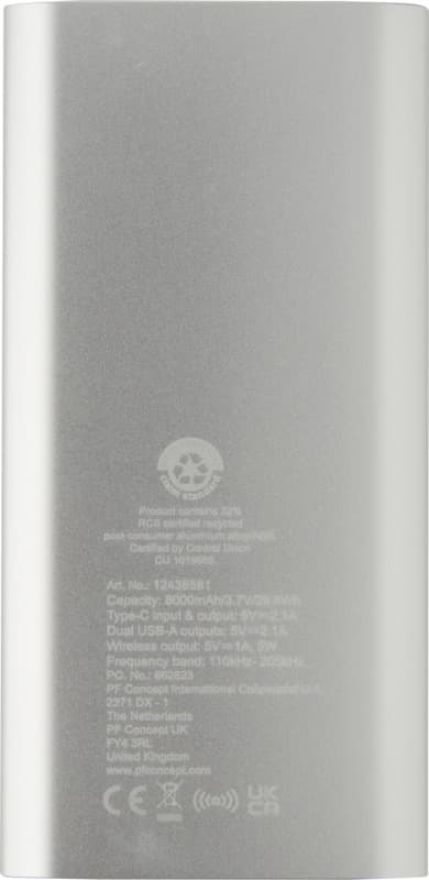 Juice 8000 mAh Type-C recycled aluminium wireless power bank - Back