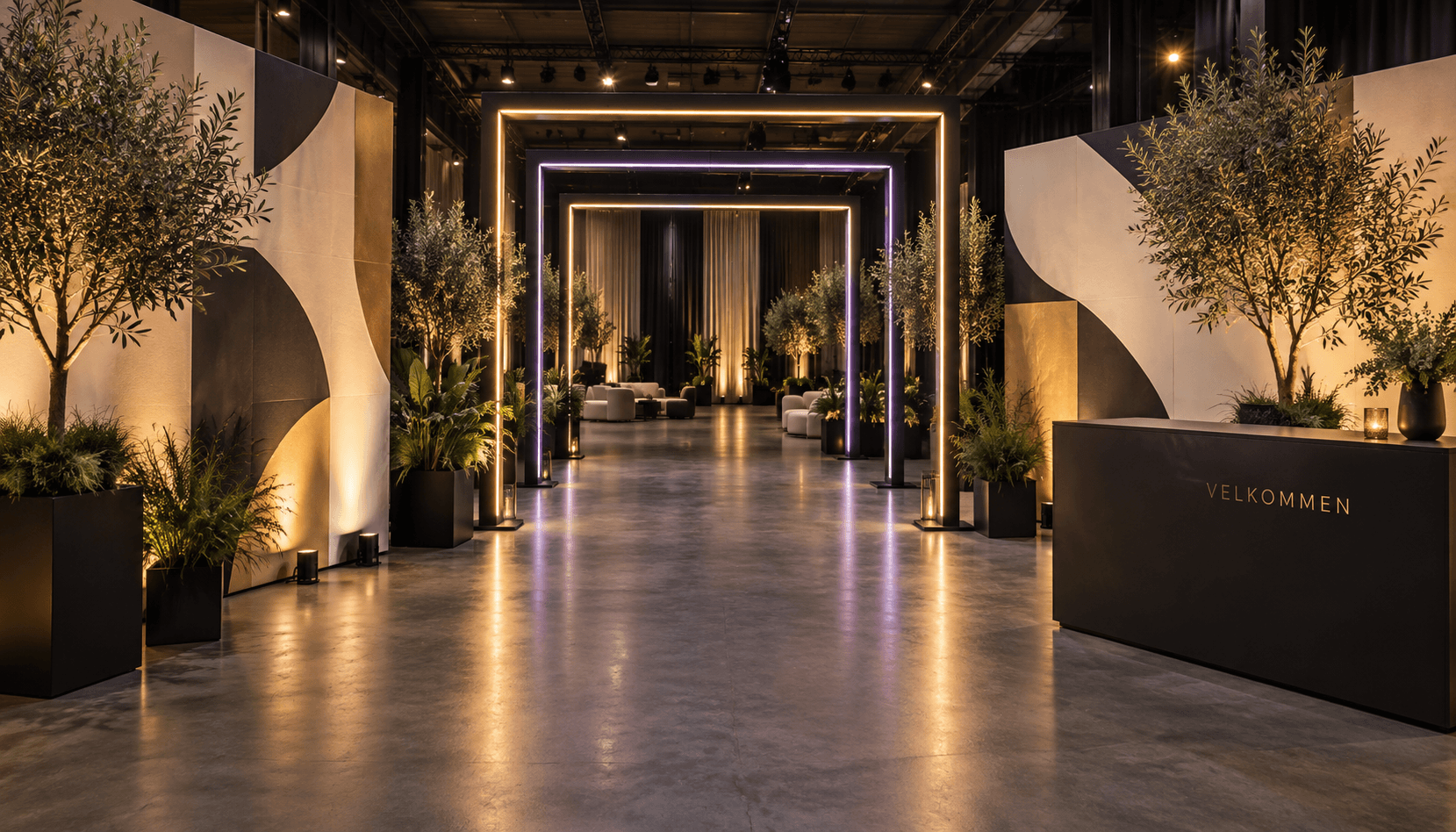 AI concept of an event space with light frames, printed walls and trees in black planters