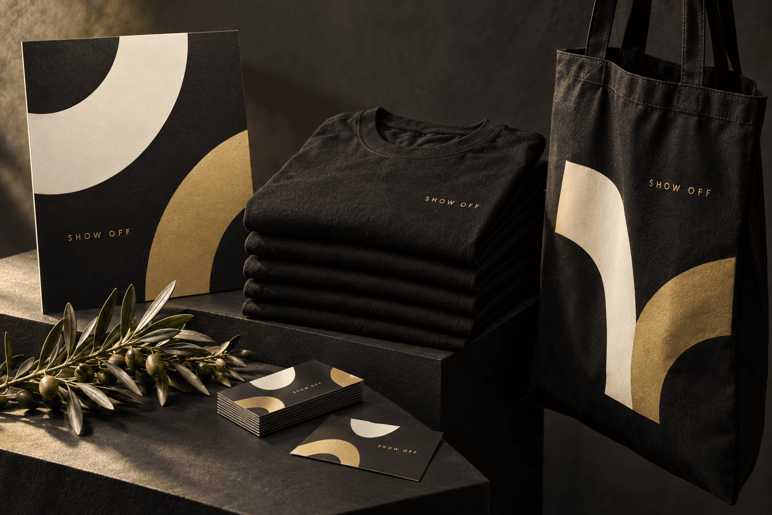 AI concept of T-shirts, tote bags and print with Show Off branding