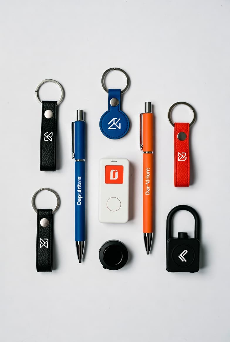 Rimelige giveaways med logo under 100 kr: profilpenner, nøkkelringer i skinn og tech-gadgets med bedriftslogo flatlay