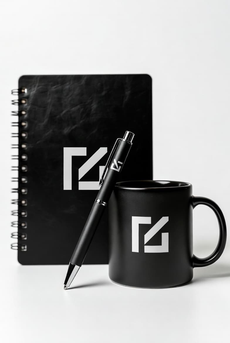 Premium company merch set with black notebook, ballpoint pen and coffee mug with corporate logo, elegant merchandise for brand building