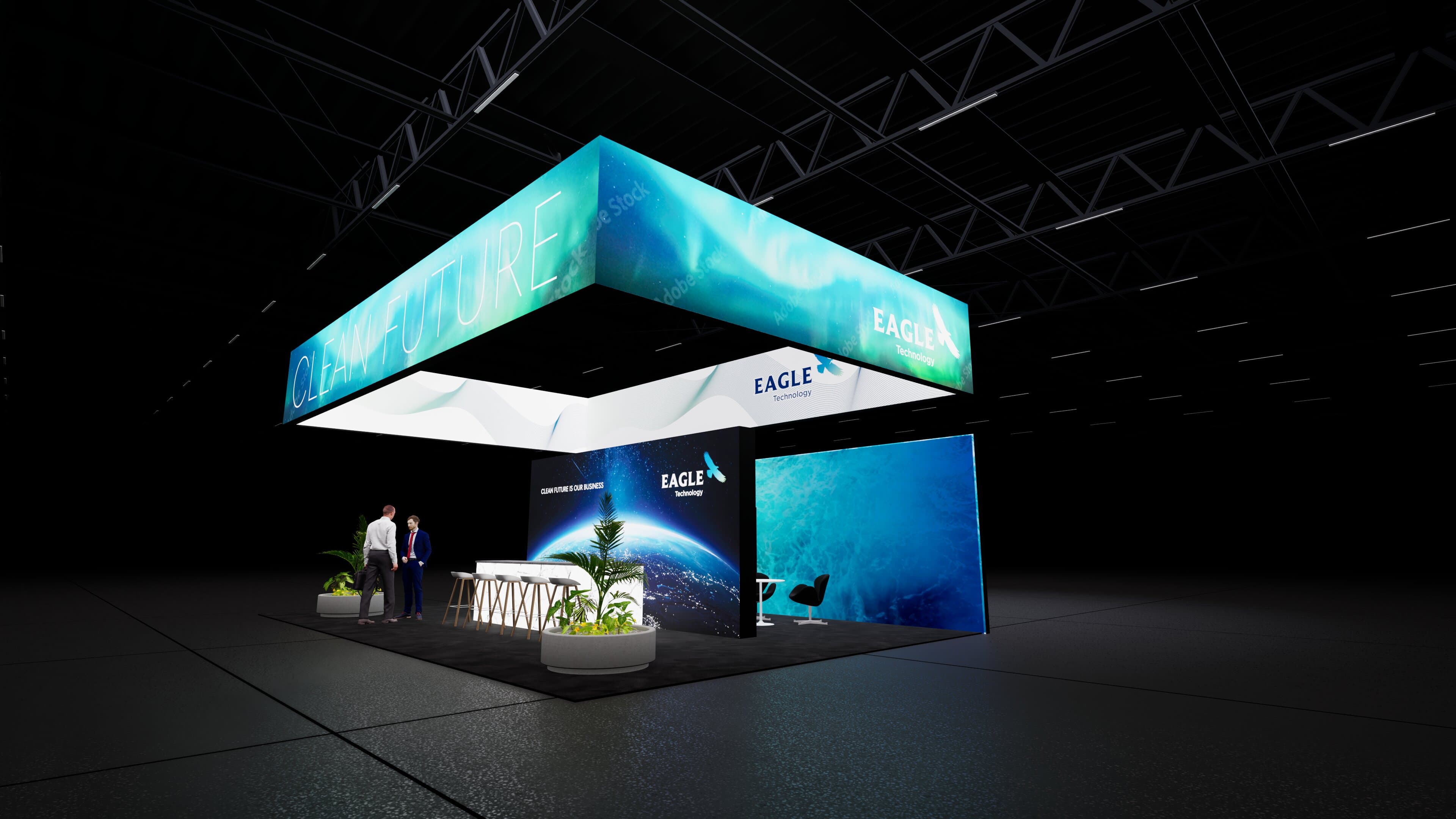 Messestand for Eagle Technology designet av Show Off: Clean Future, fra alle vinkler.
